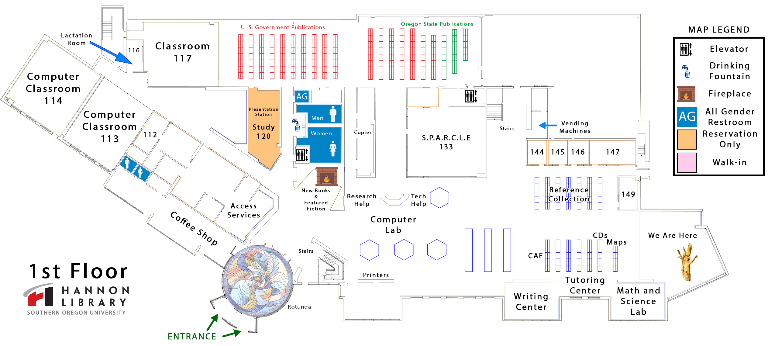 first floor map of library showing classrooms, reference, circulation, government publications, tutoring center, coffee shop, career connections, and computer access. 