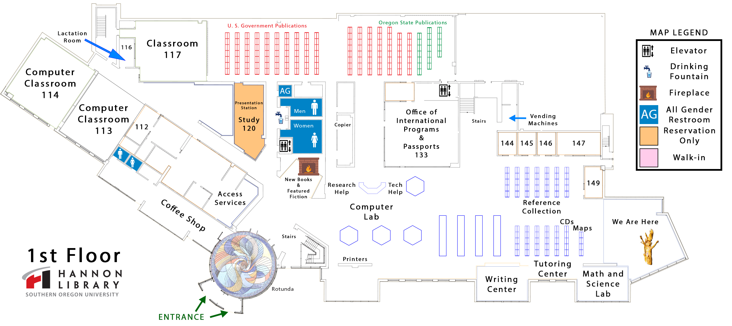 first floor map of library showing classrooms, reference, circulation, government publications, tutoring center, coffee shop, career connections, and computer access. 