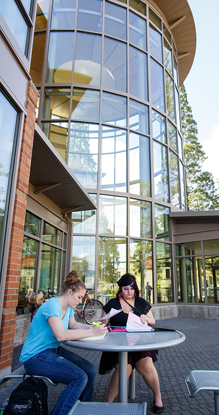 students studying outside in front of library