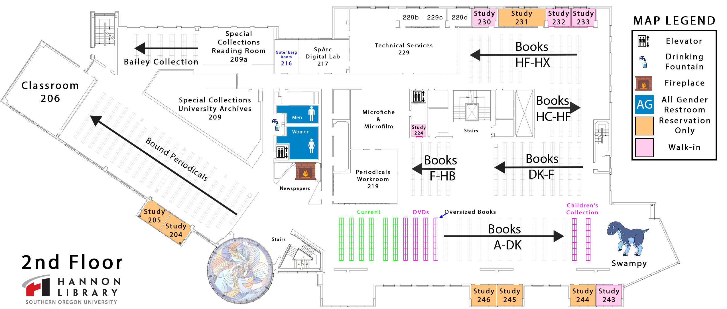 second floor map of library showing books with call letters a through h, special collections, periodicals, and rooms beginning with the number 2. 