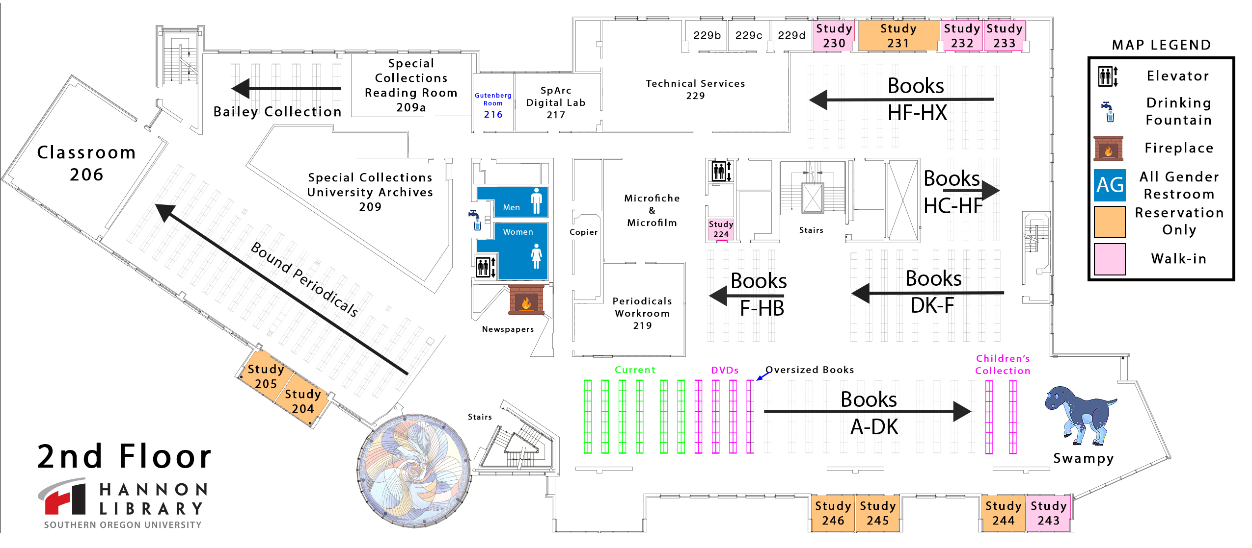 second floor map of library showing books with call letters a through h, special collections, periodicals, and rooms beginning with the number 2. 