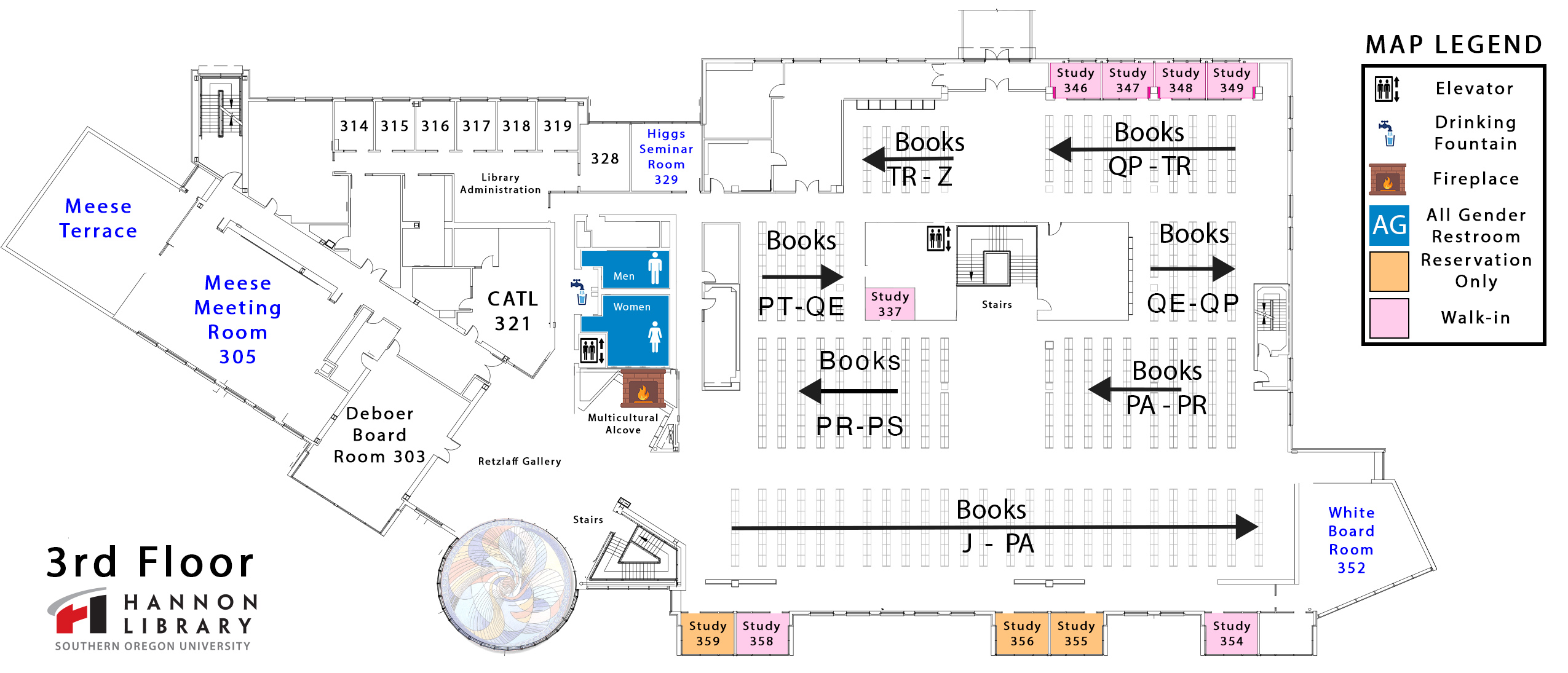 third floor map showing books with call letters J through Z, meeting rooms beginning with the number 3, and administrative offices. 