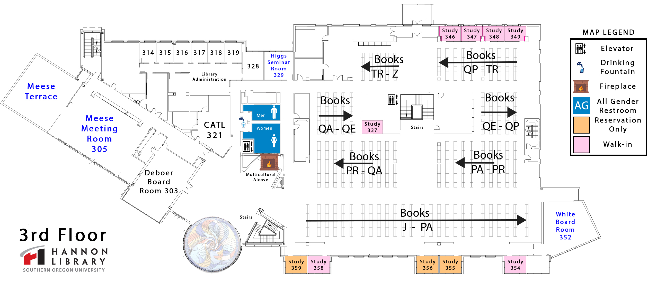 third floor map showing books with call letters J through Z, meeting rooms beginning with the number 3, and administrative offices. 