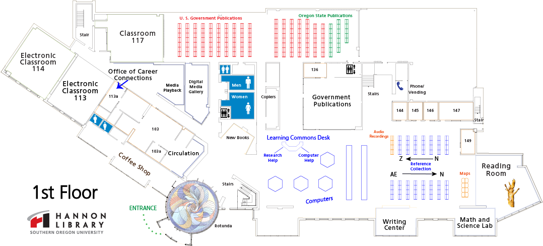 first floor map of library showing classrooms, reference, circulation, government publications, tutoring center, coffee shop, career connections, and computer access. 