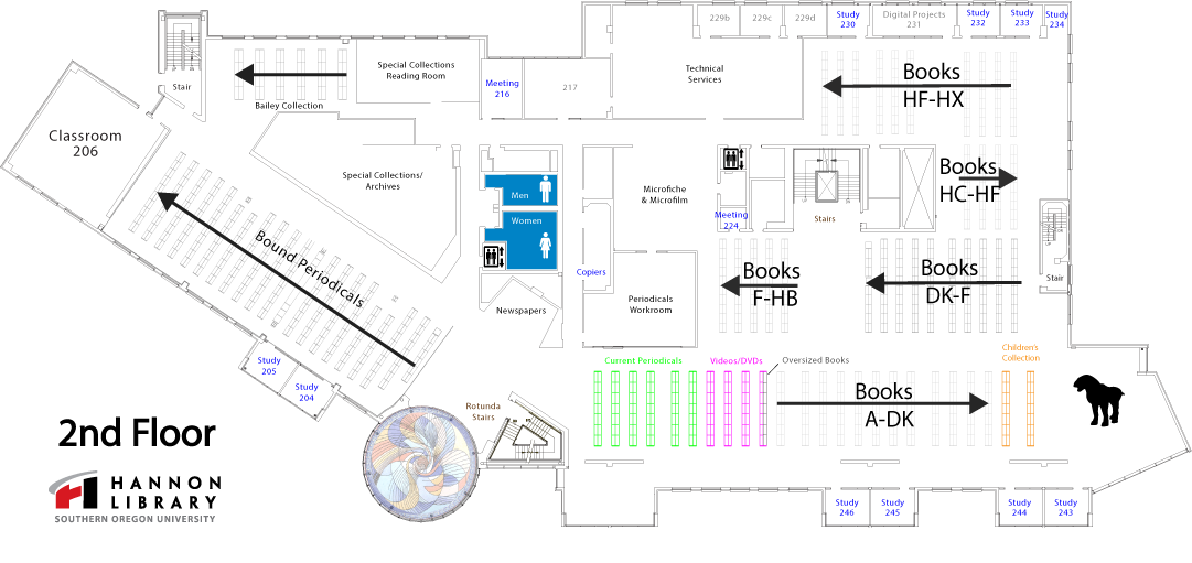 second floor map of library showing books with call letters a through h, special collections, periodicals, and rooms beginning with the number 2. 