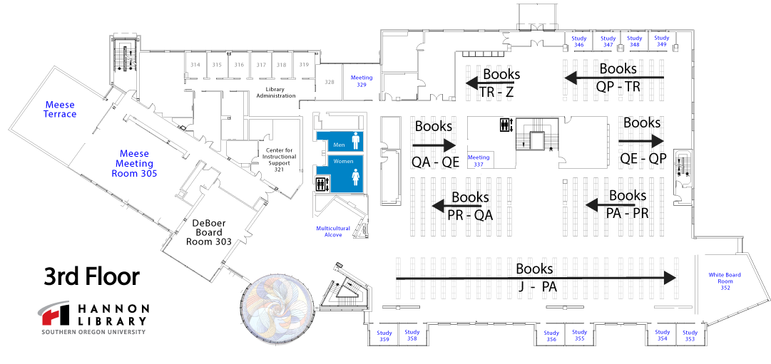 third floor map showing books with call letters J through Z, meeting rooms beginning with the number 3, and administrative offices. 